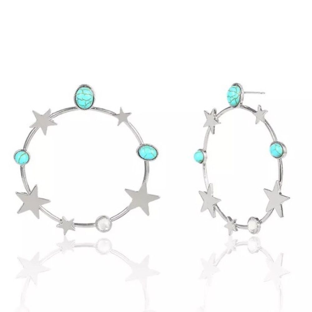 Celestial Star Turquoise Crystal Silver Tone Constellation Hoop Earrings NWT